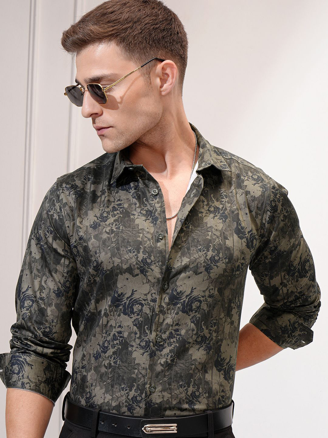 LOCOMOTIVE Luxe Men Dark Olive Satin Printed Slim Fit Occasion Shirt