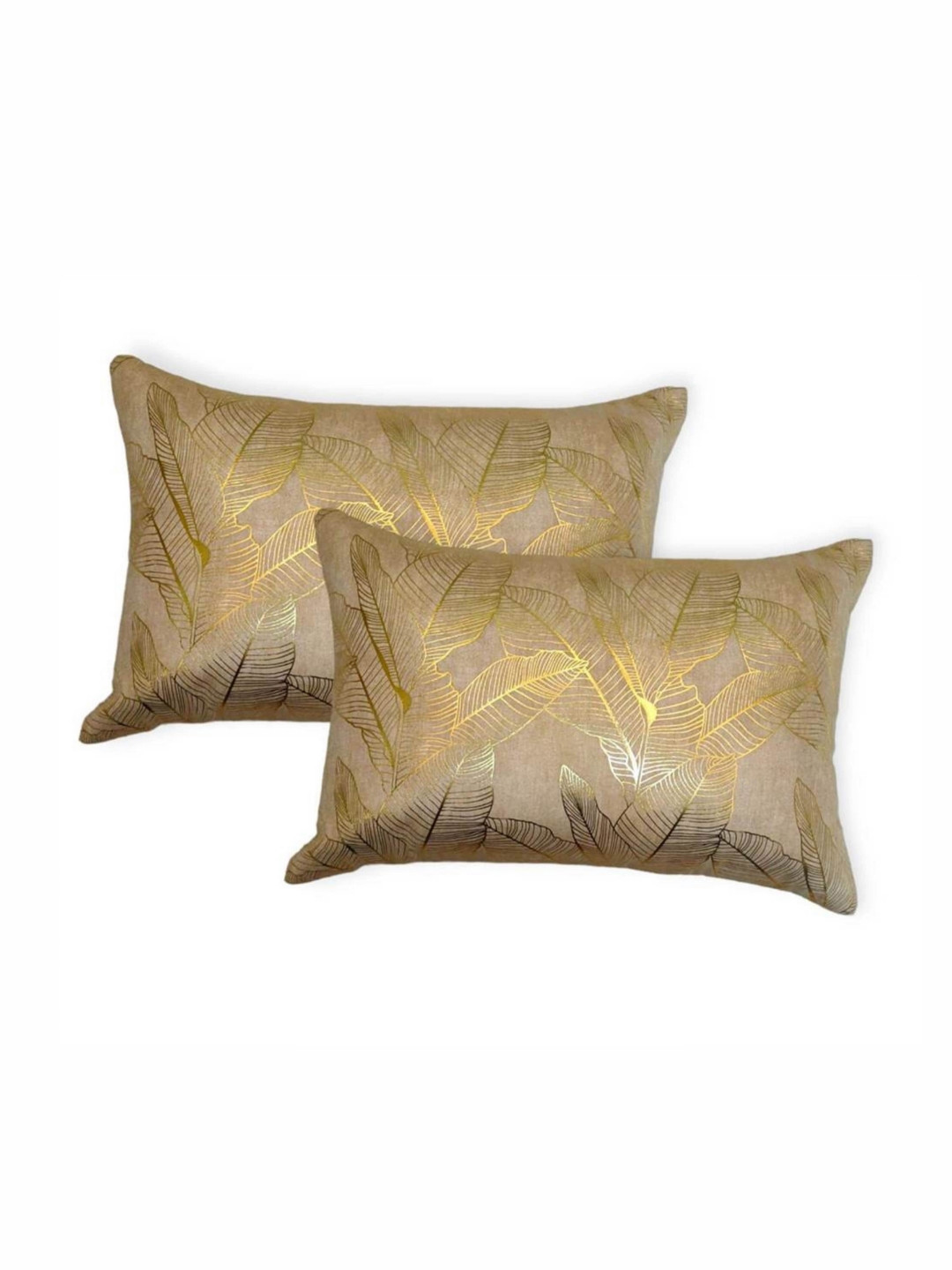 MONKDECOR Cream Leaf Velvet Durable 2 Pcs Zari Rectangle Cushion Covers - 12 x 18 In