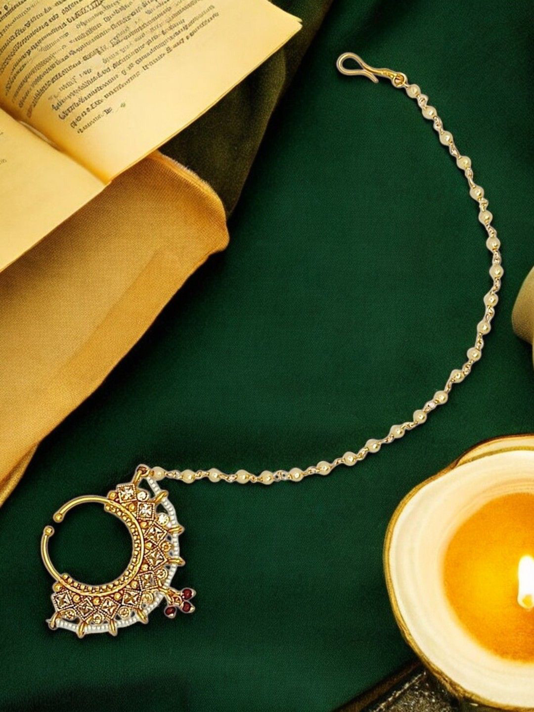 FEMMIBELLA Gold-Plated Artificial Stones and Beads Chained Nosepin