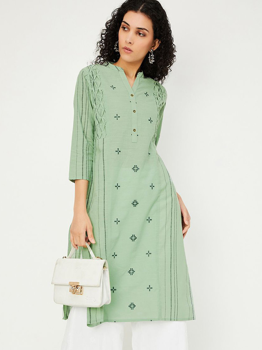 max Women Striped Cold-Shoulder Sleeves Thread Work Anarkali Kurta