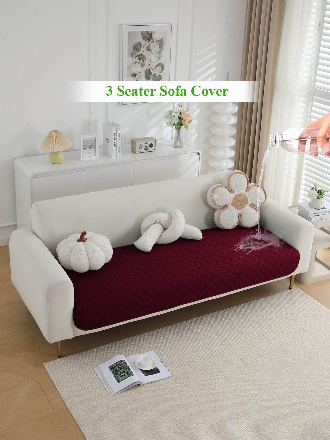 HOKIPO Burgundy Polyester 3 Seater Water Repellent Sofa Seat Mat