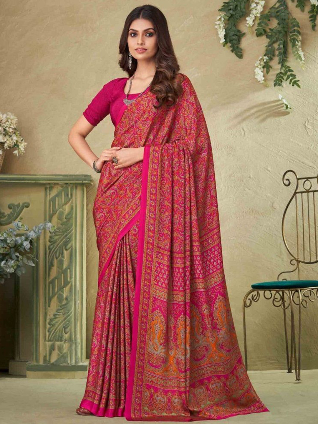 Reboot Fashions Women Floral Print Pure Crepe Saree With Blouse Piece