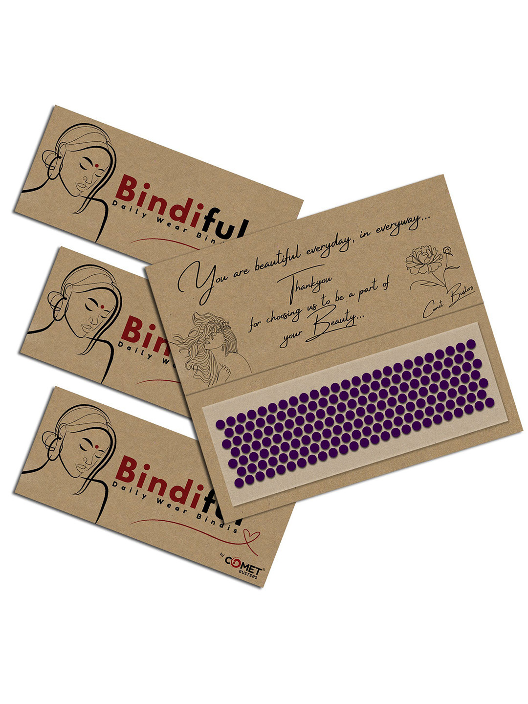 Comet Busters Bindiful Set Of 3 Daily Wear Traditional Bindis- Purple- 5mm