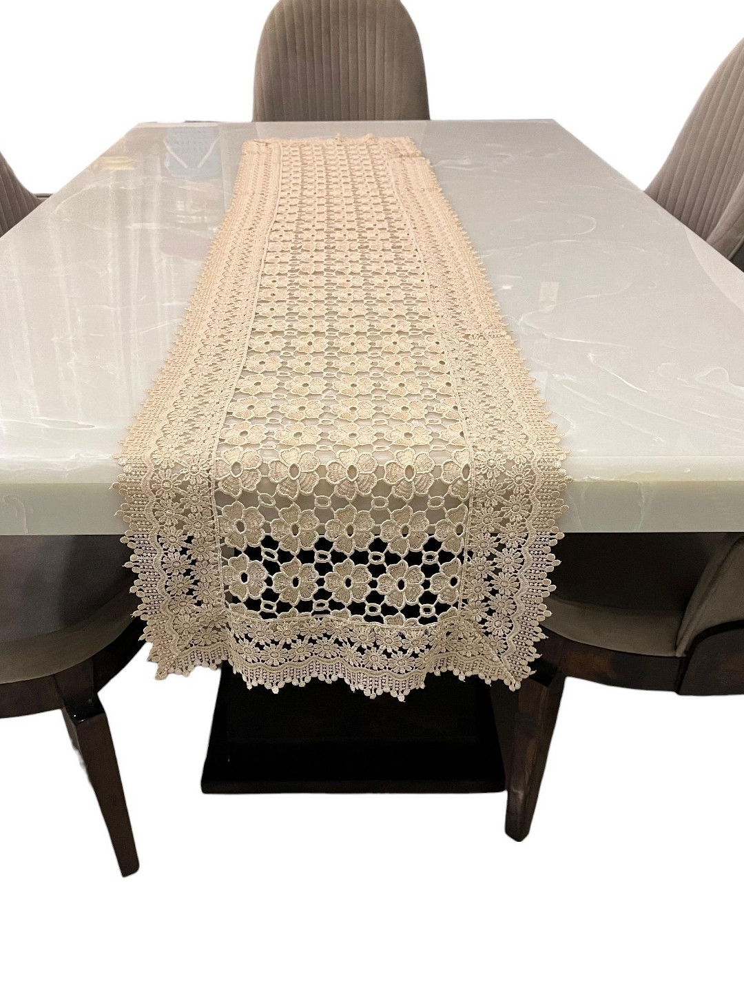 MONKDECOR Beige Floral Thread Cutwork TableRunners