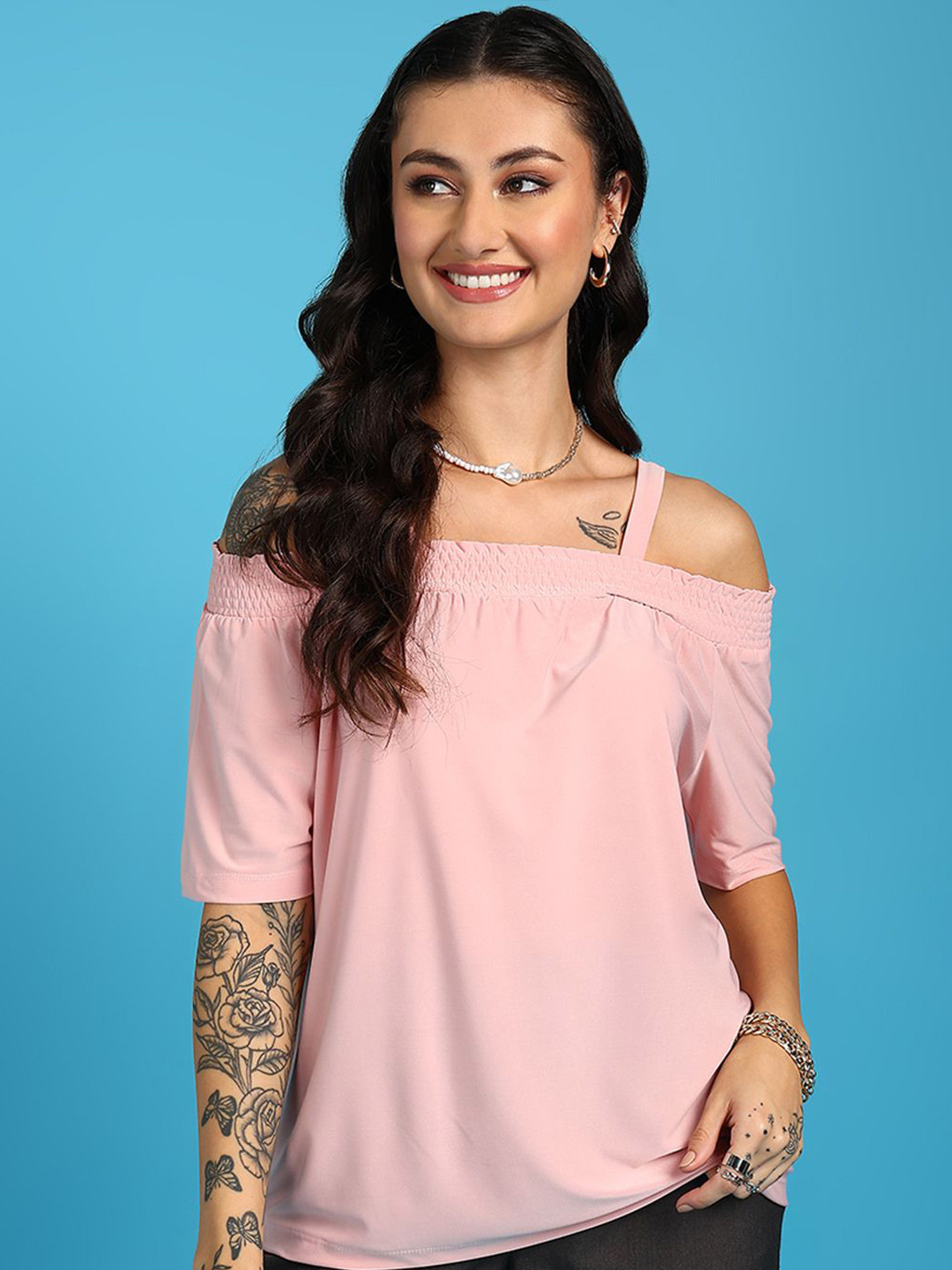 SAFFE Women Smocked Cold-Shoulder Top