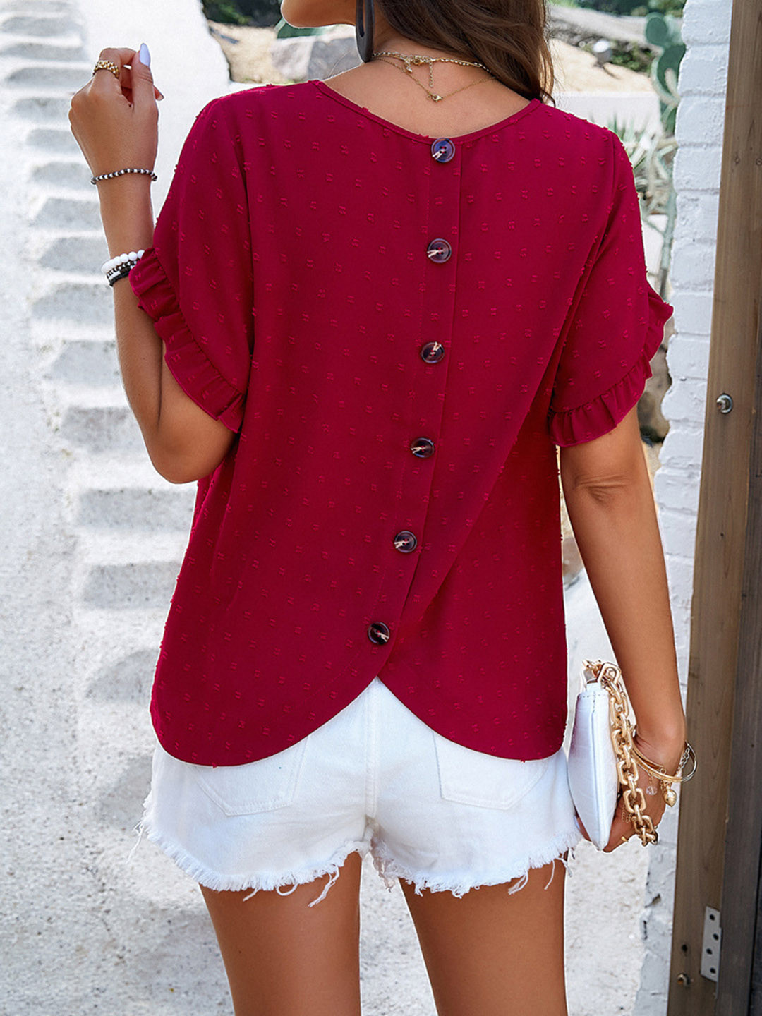 all about you Red Self Design Round Neck Top