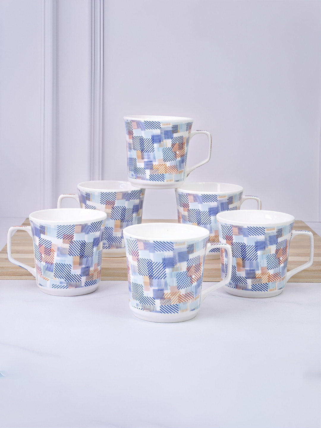 UPC Anti Fall White Geometric Ceramic Handmade 6 Piece Mugs-150ml