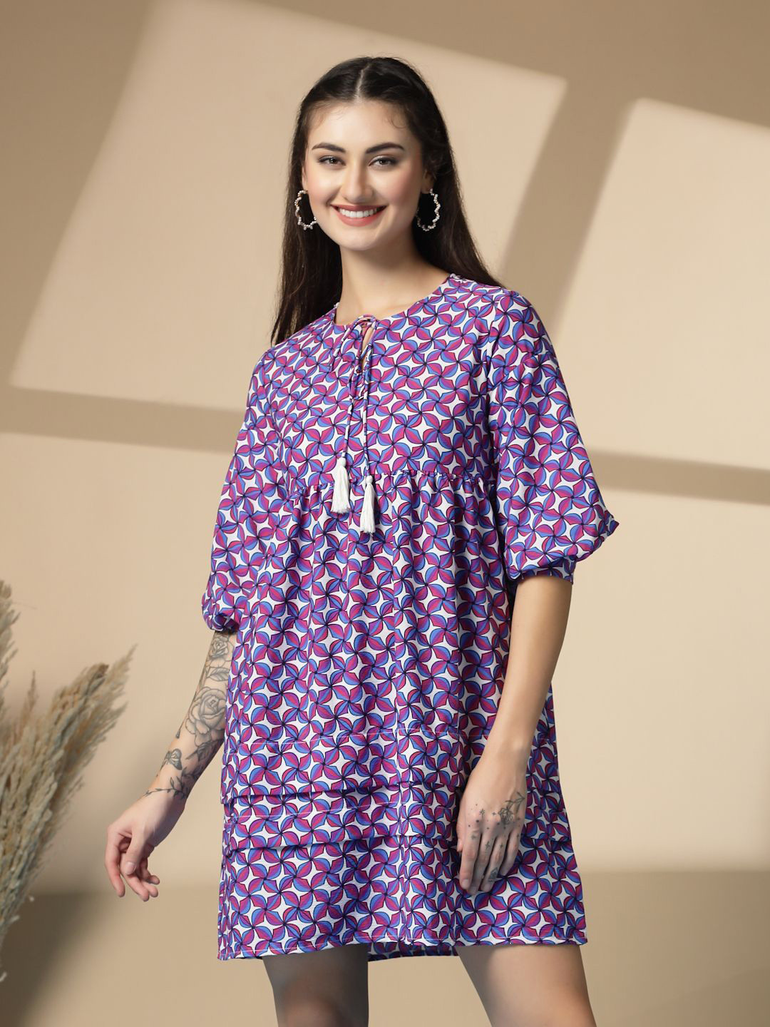 Rue Collection Print Tie-Up Neck A-Line Dress