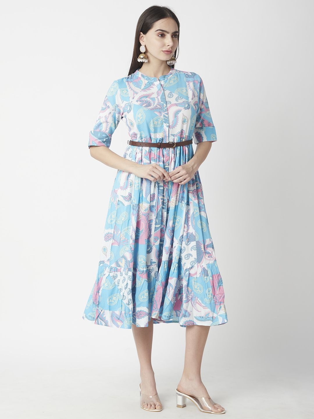 R&B Women Printed Belted Fit and Flare Dress