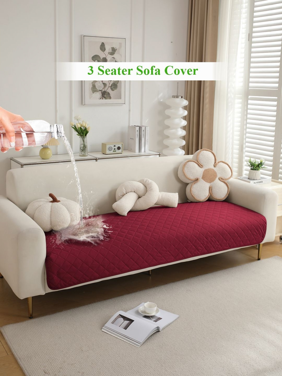 HOKIPO Maroon Waterproof Anti-Slip Quick Dry 3 Seater Sofa Seat Mat