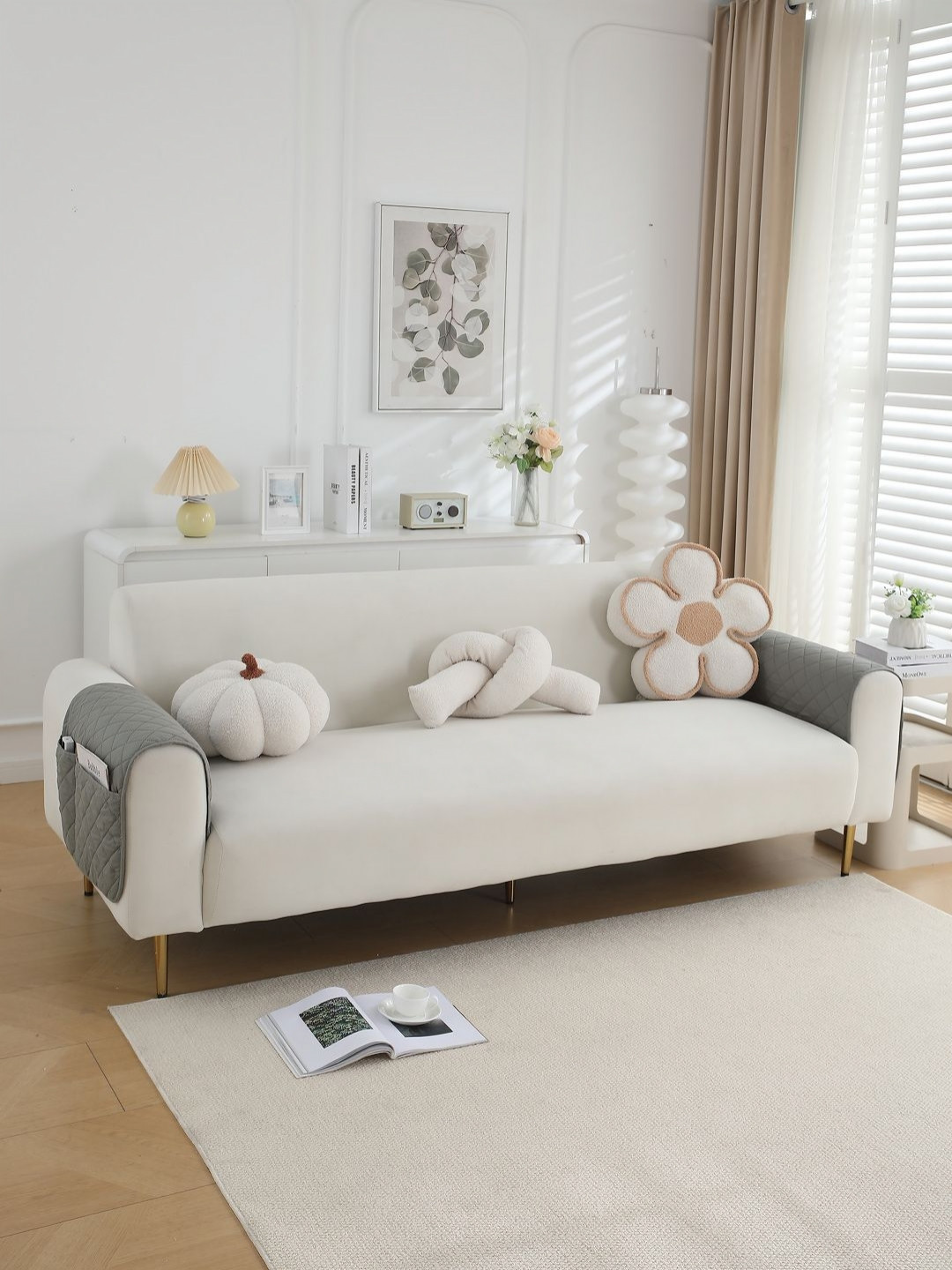 HOKIPO Grey Polyester 2 Piece Waterproof Sofa Armrest Cover with Pockets