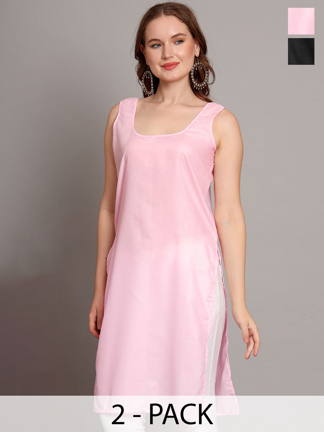 The Chikan Label Pack Of 2 Scoop Neck Cotton Longline Side Slits Slips