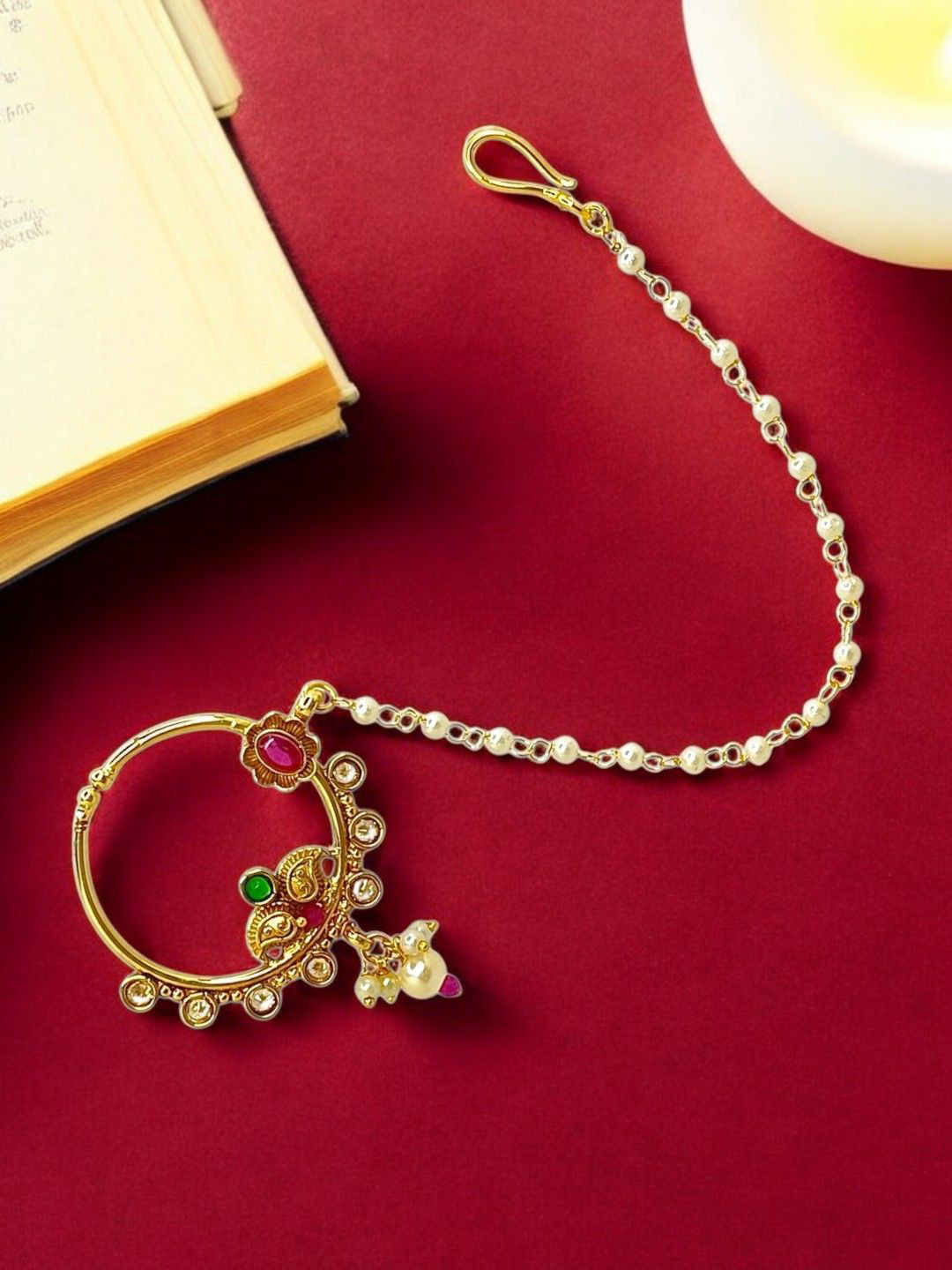 FEMMIBELLA Gold-Plated Artificial Stones and Beads Chained Nosepin