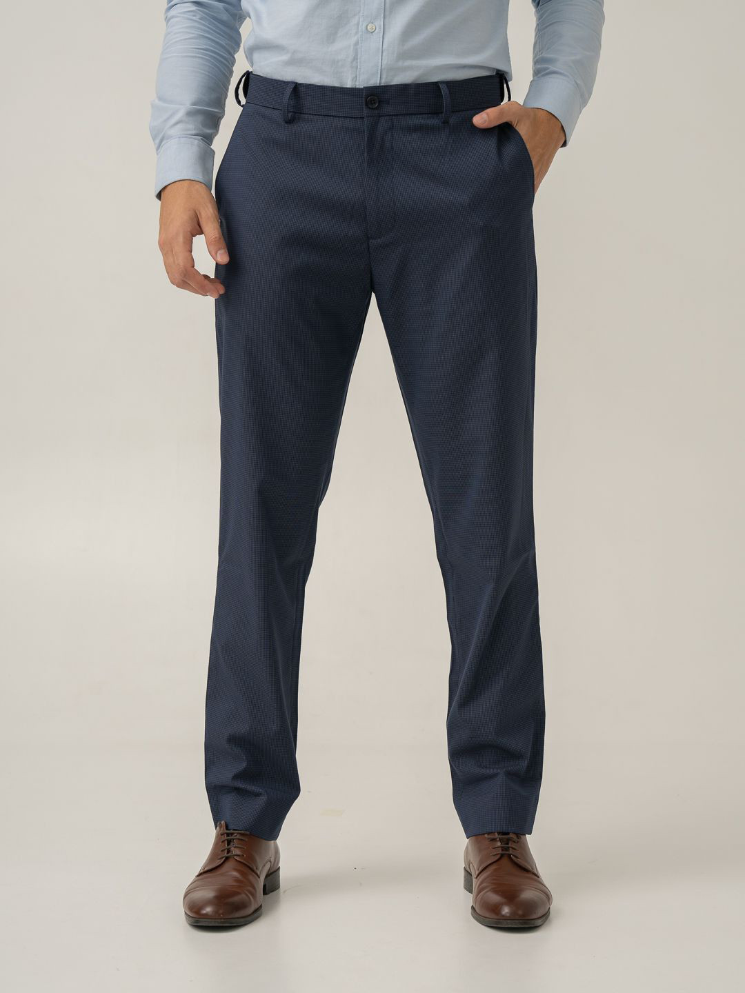 The Pant Project Men Whale Blue Mini Checks Slim Fit Wrinkle-Resistant Formal Trousers with Stretchable Waistband