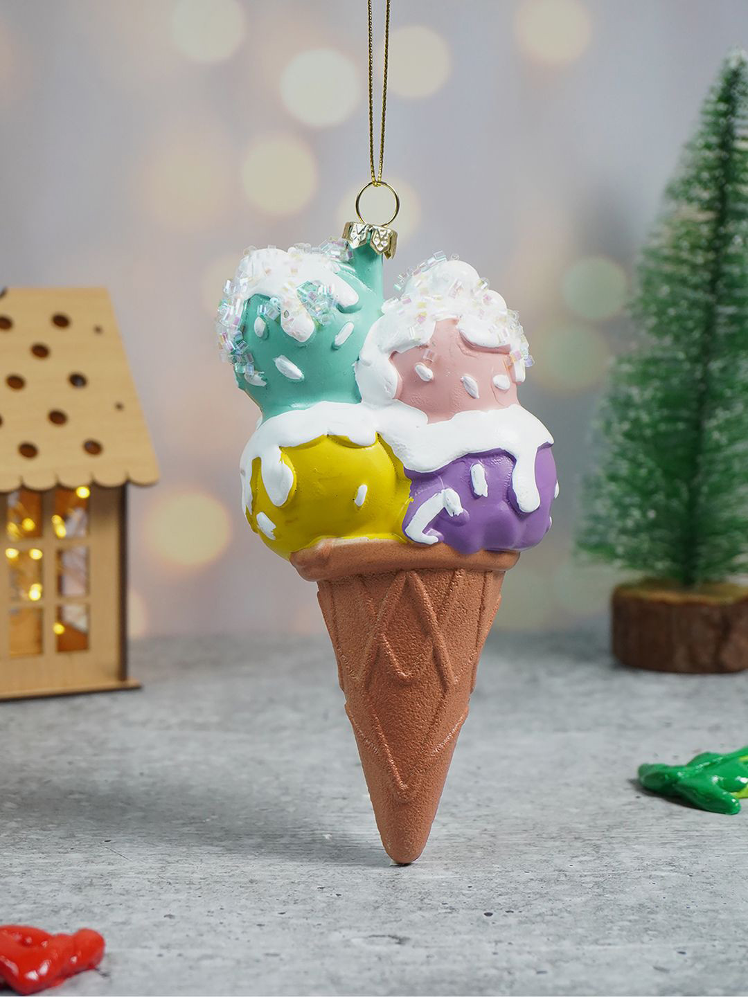 Little Surprise Box LLP Brown & White Glitter Icecream Scoops With Christmas Tree Ornament