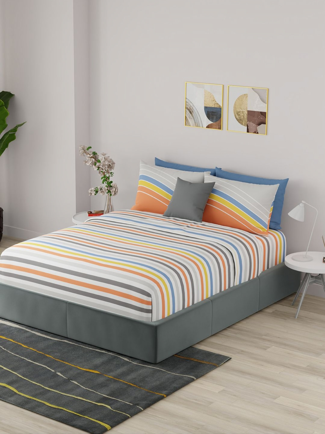 United Colors of Benetton Orange & White Striped 210 TC King Bedsheet with 2 Pillow Covers