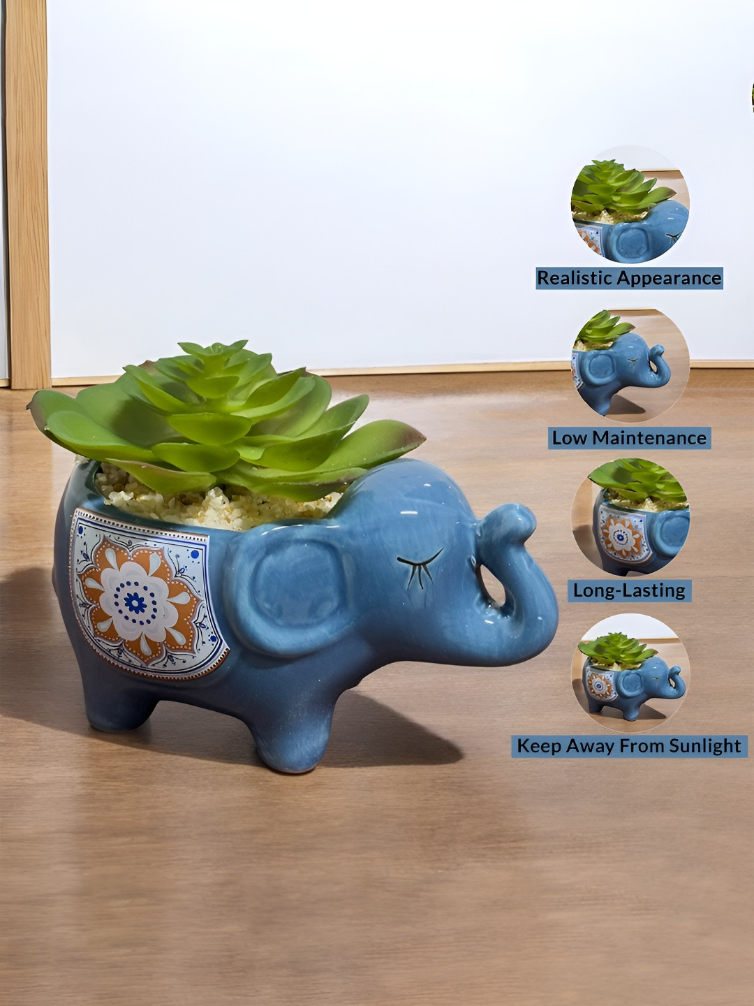 Art Street Blue Elephant Shaped Ceramic Potted Vase With Metal Stand