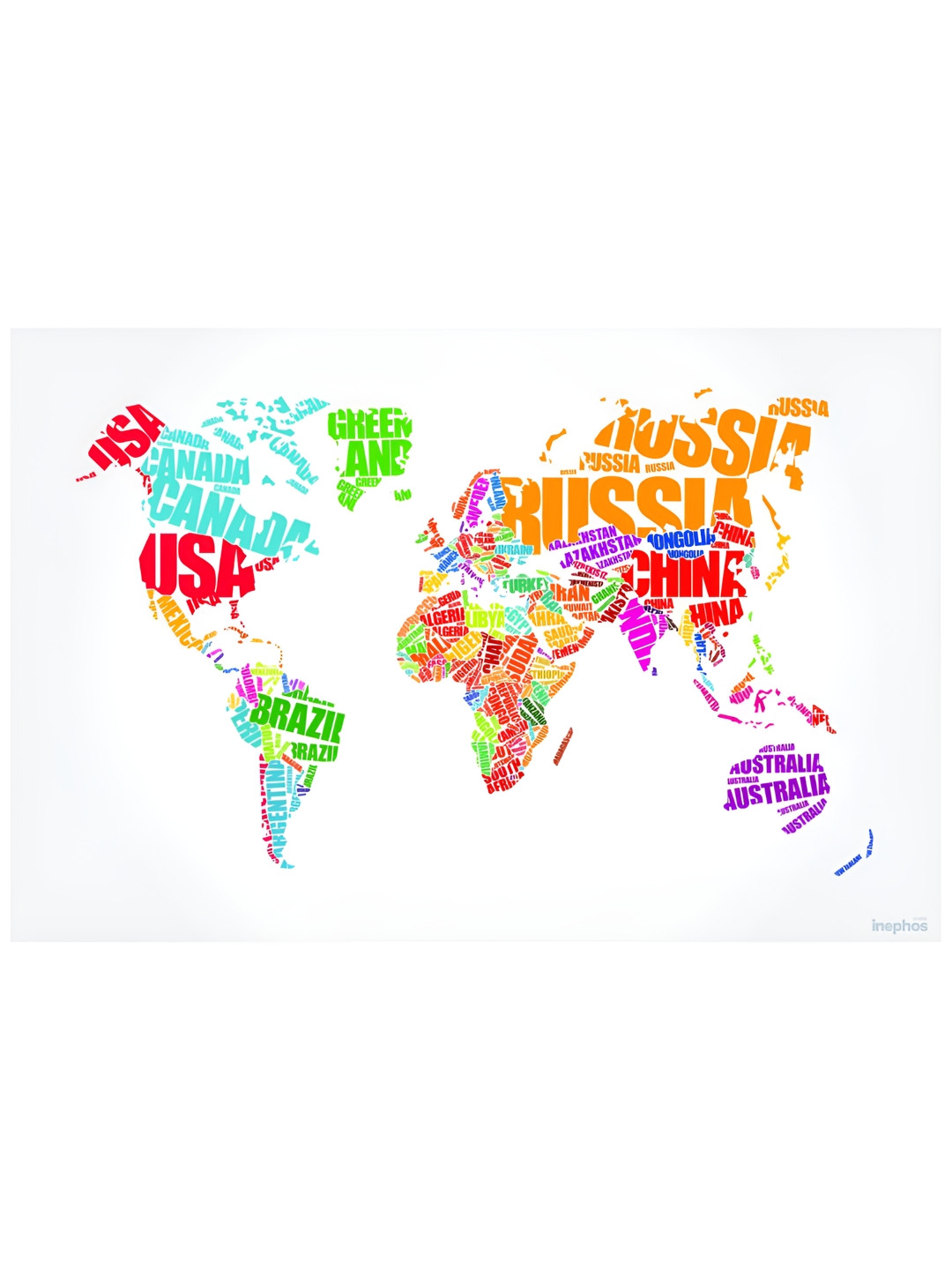 Inephos Orange & Blue Wood Framed, Laminated Print World Map Typography Vinyl Poster
