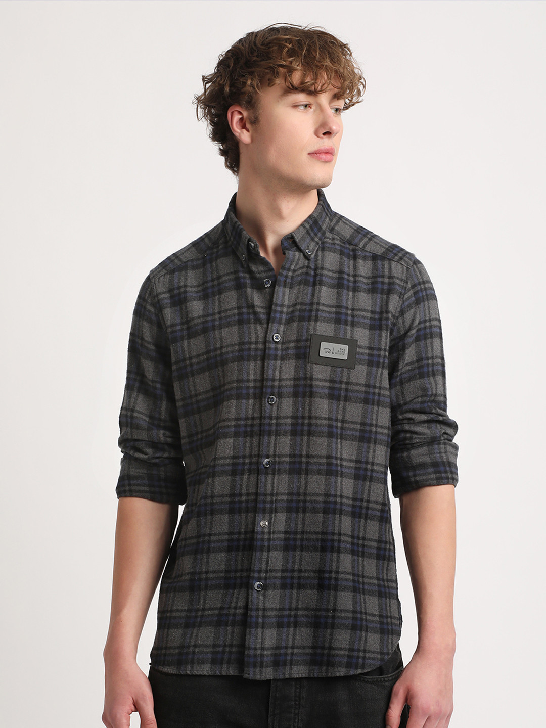 THE BEAR HOUSE Blue Slim Fit Tartan Checked Button Down Collar Pure Cotton Casual Shirt