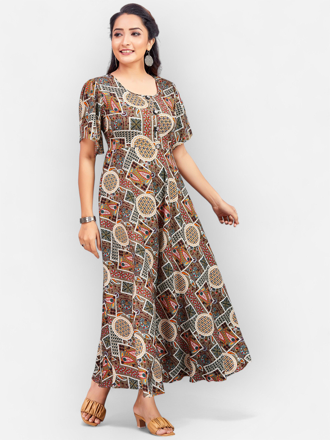 PAMPER YOURSELF Print Georgette Fit & Flare Maxi Dress