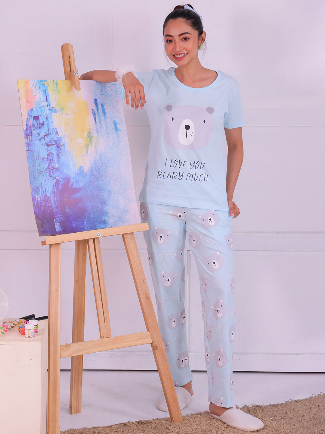 NAP STORY Teddy Printed Half Sleeves T-Shirt and Pyjama Nightsuit Set