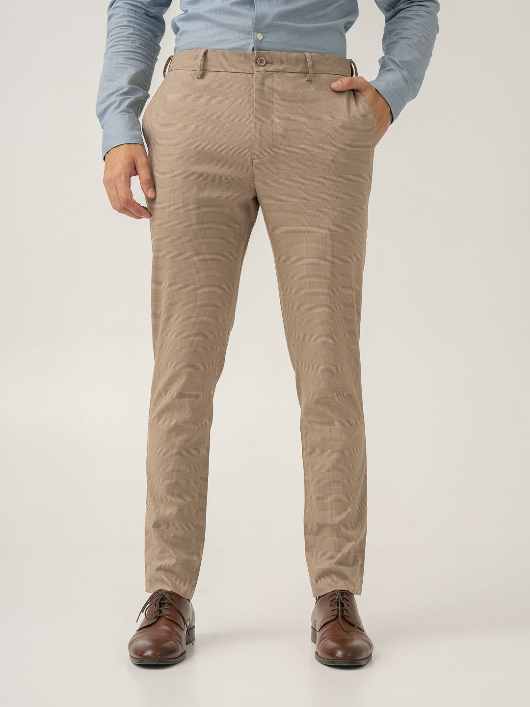 The Pant Project Men Sand Beige Checks Slim Fit Wrinkle-Resistant Formal Trousers with Stretchable Waistband