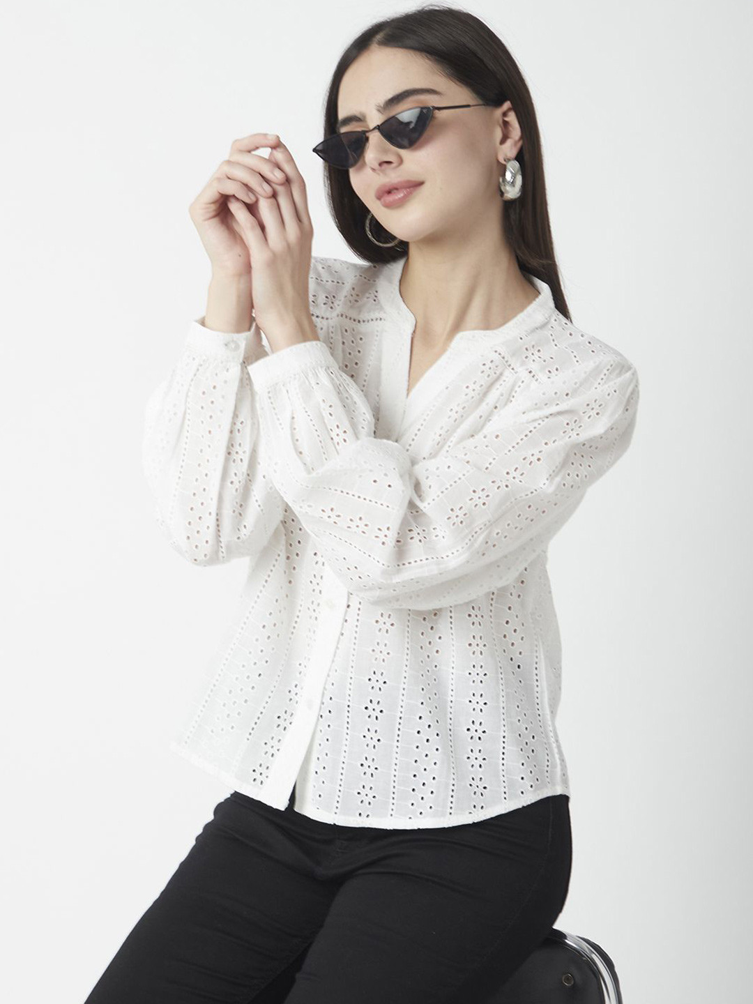 R&B Women Self Design Cotton Shirt Style Top