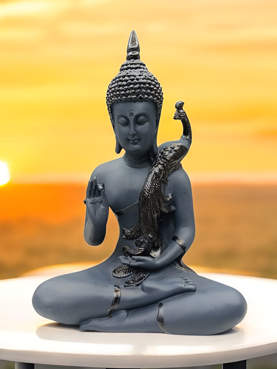 SANKALAN CREATIONS Meditating Buddha Blue Polyresin Matte Prayer Room Medium Showpiece -