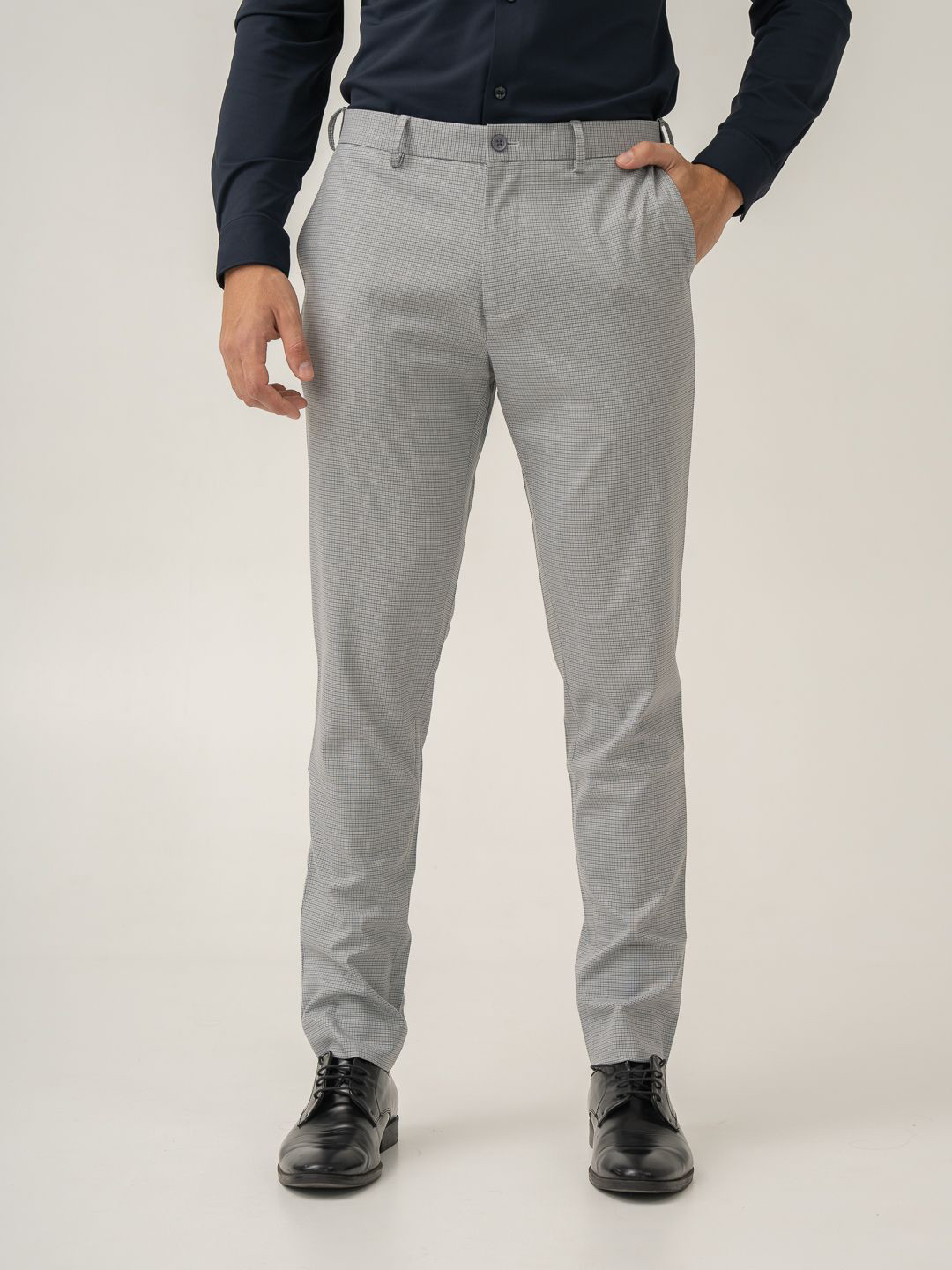 The Pant Project Men Armour Grey Micro Checks Slim Fit Wrinkle-Resistant Formal Trousers with Stretchable Waistband