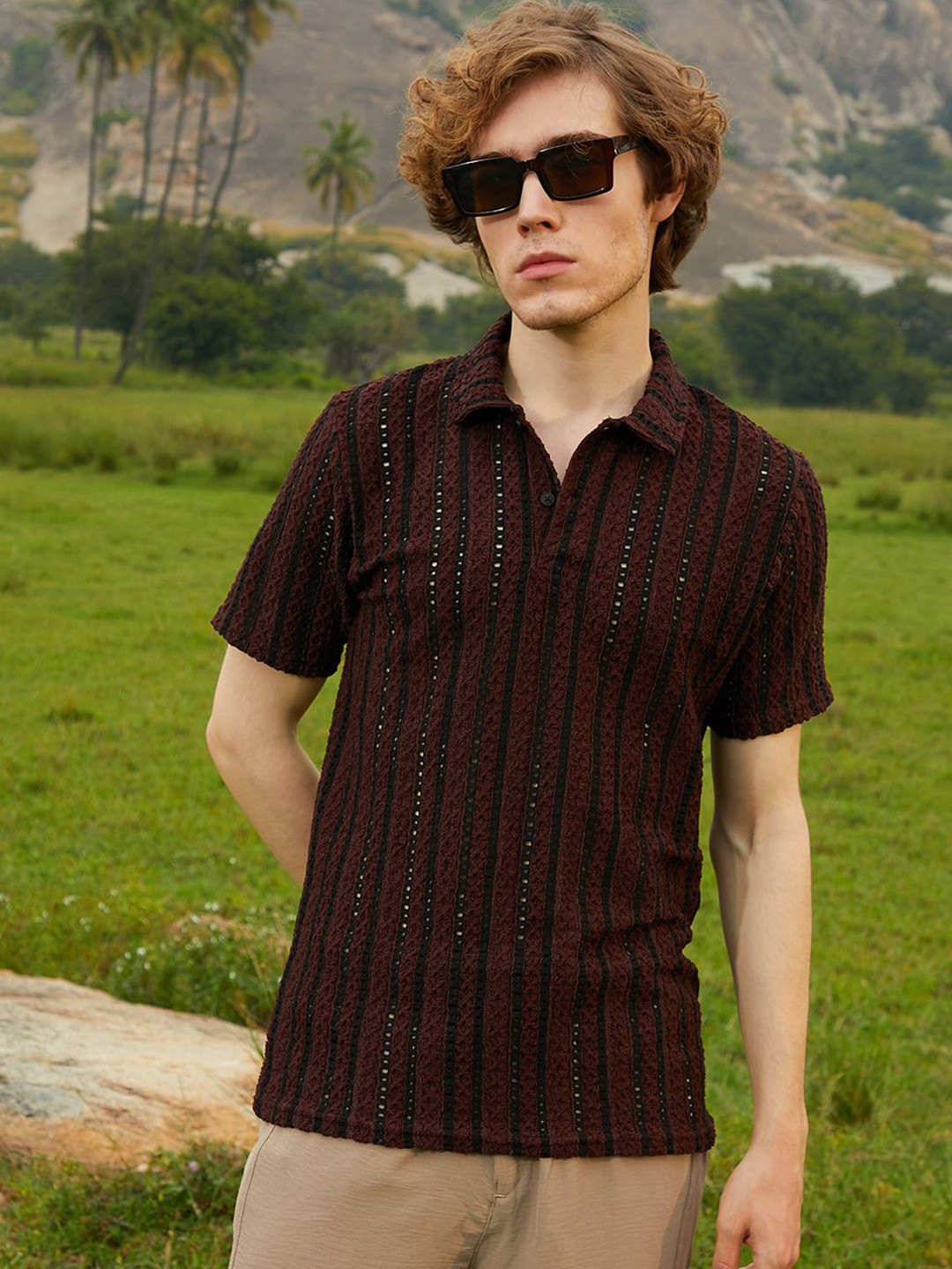 CAHOOT Men Striped Polo Collar Raw Edge T-shirt