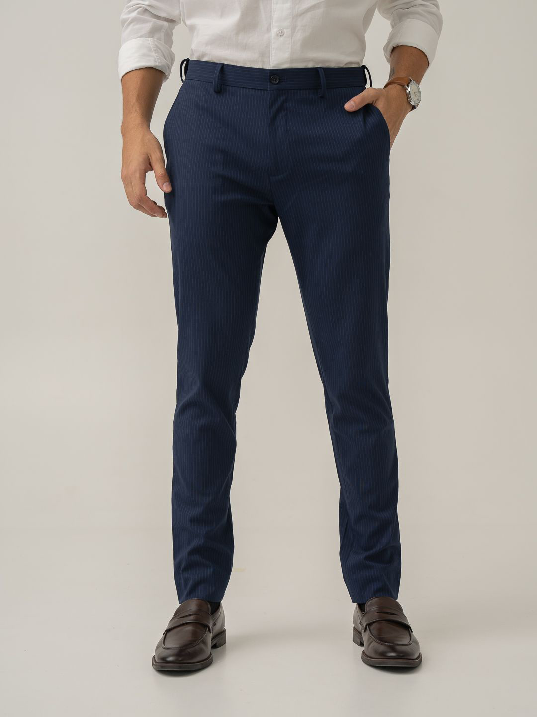 The Pant Project Men Navy Stripes Slim Fit Wrinkle-Resistant Formal Trousers with Stretchable Waistband