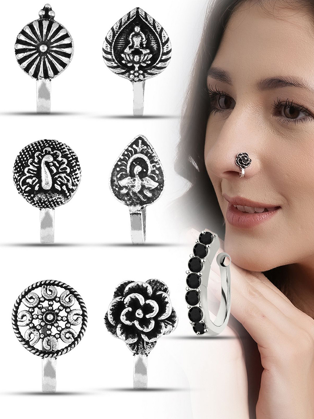 VAMA Women Set of 7 Pcs Silver Oxidised Clip on Without Non Piercing Nosepin