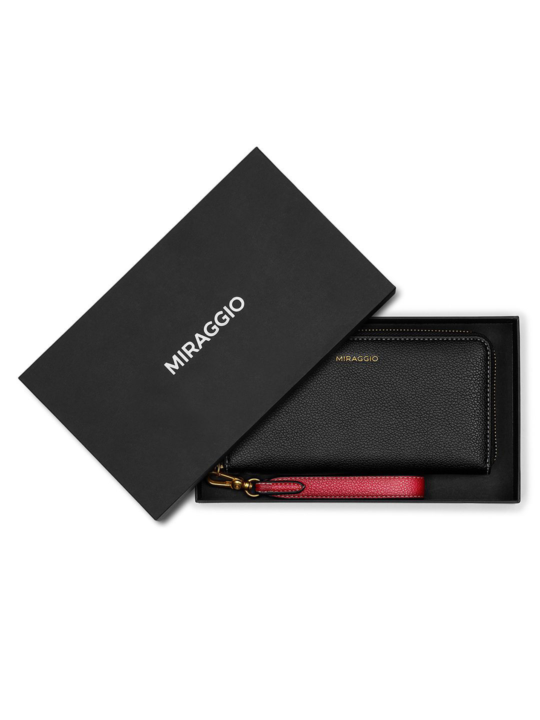 MIRAGGIO Harlow Black Textured Zip Around Wallet With Detachable Wrist Strap