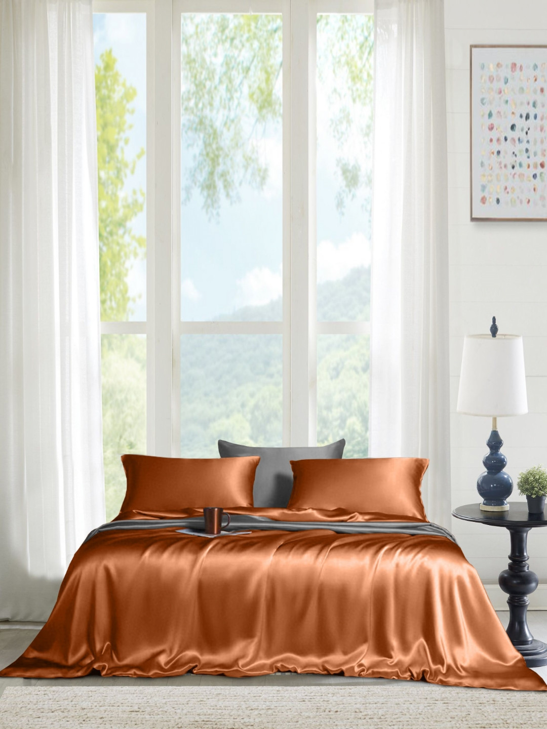 THE LINEN COMPANY Orange Solid Bamboo 300 TC Queen Fine Bedsheet with 2 Pillow Covers-254 x 228 cm