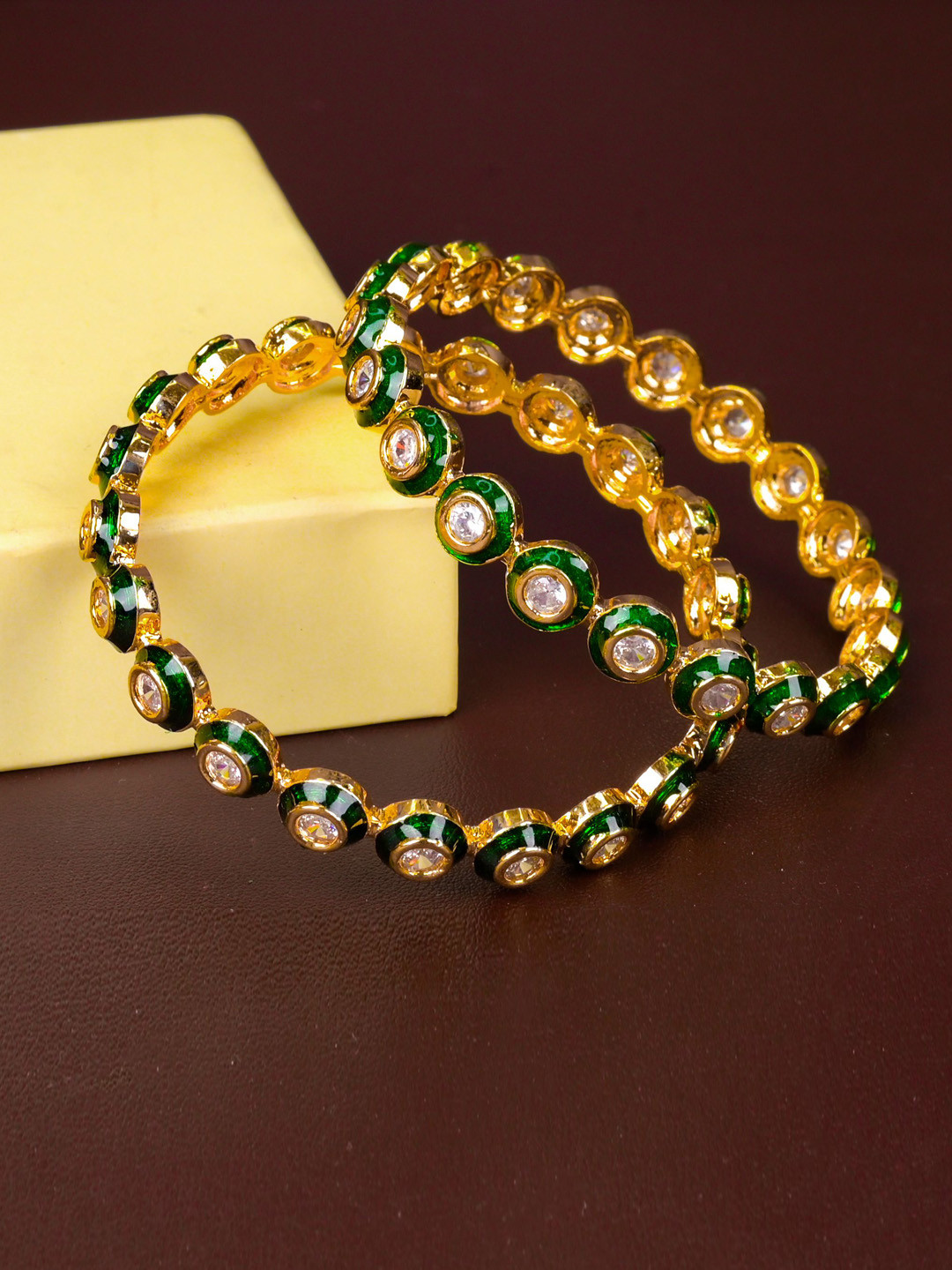 Zevarly Set Of 2 Gold-Plated CZ Studded Enamel Bangles