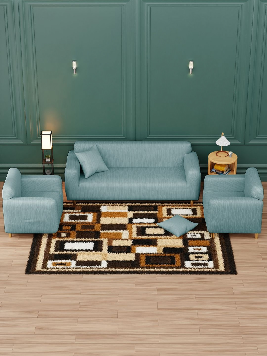 Myntra Elegant Homes Blue Printed 5 Seater Sofa Cover With Arms With 2 Cushion Covers