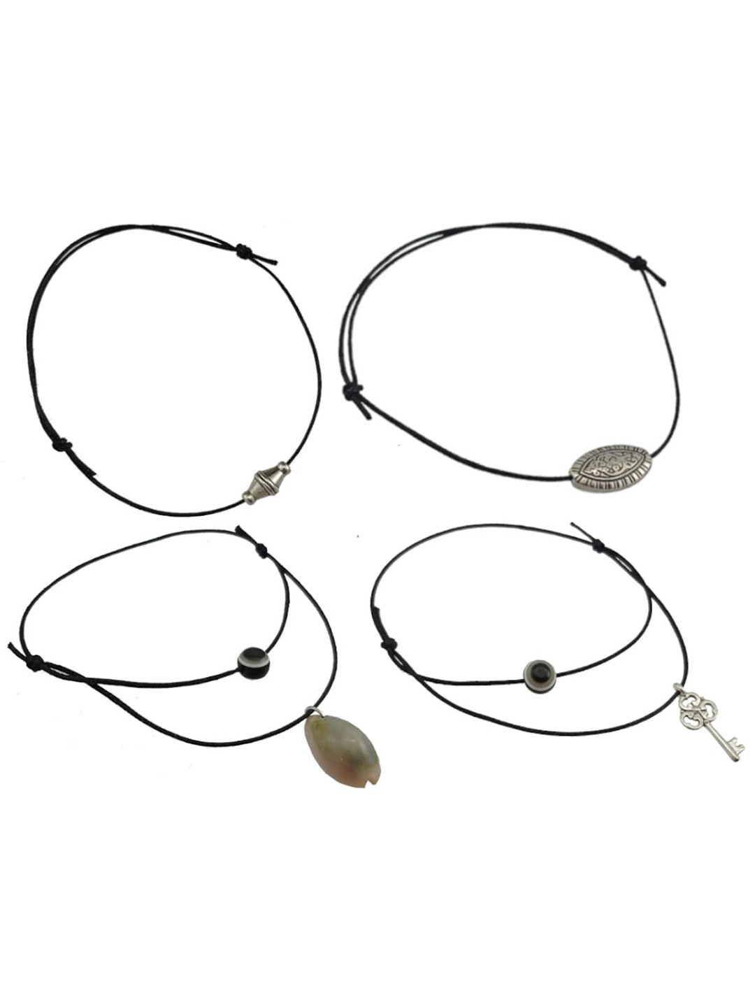 HIGH TRENDZ 4 Pcs Combo Black Thread Knot with Oxidised Single Charms Adjustable Anklets
