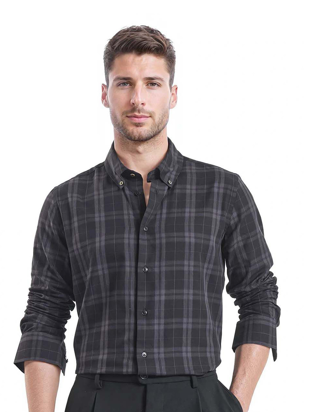 RARE RABBIT Men Comfort Button-Down Collar Tartan Checked Casual Regular Fit Shirt