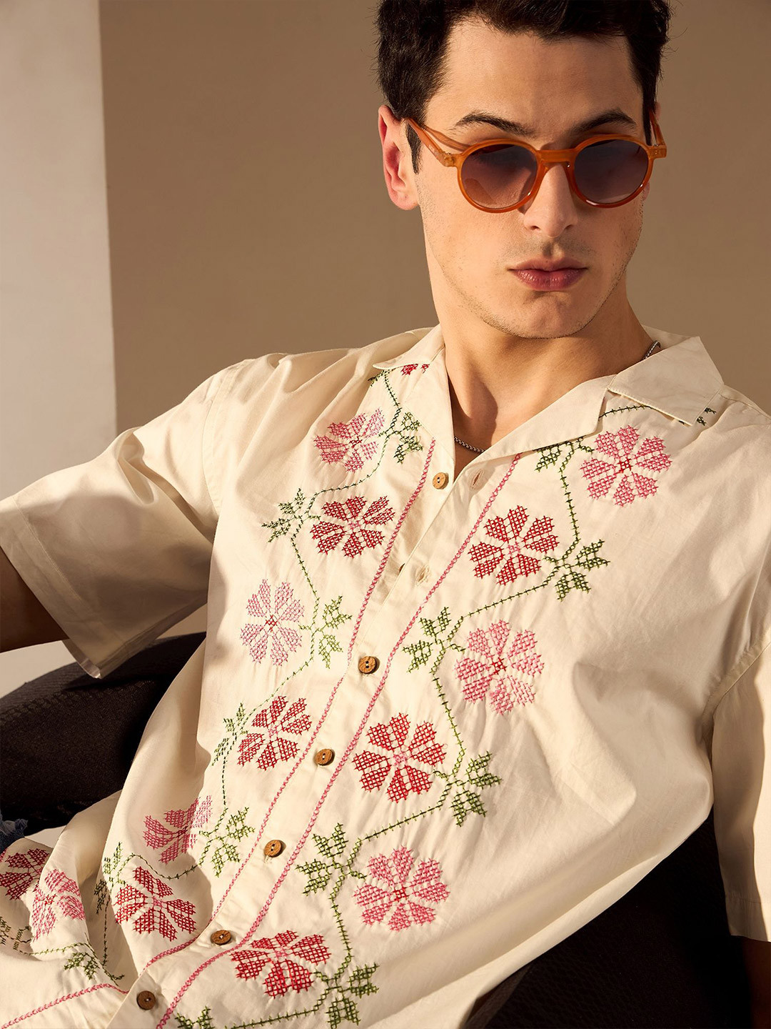 DENNISON Men Floral Embroidery Oversized Cotton Shirt