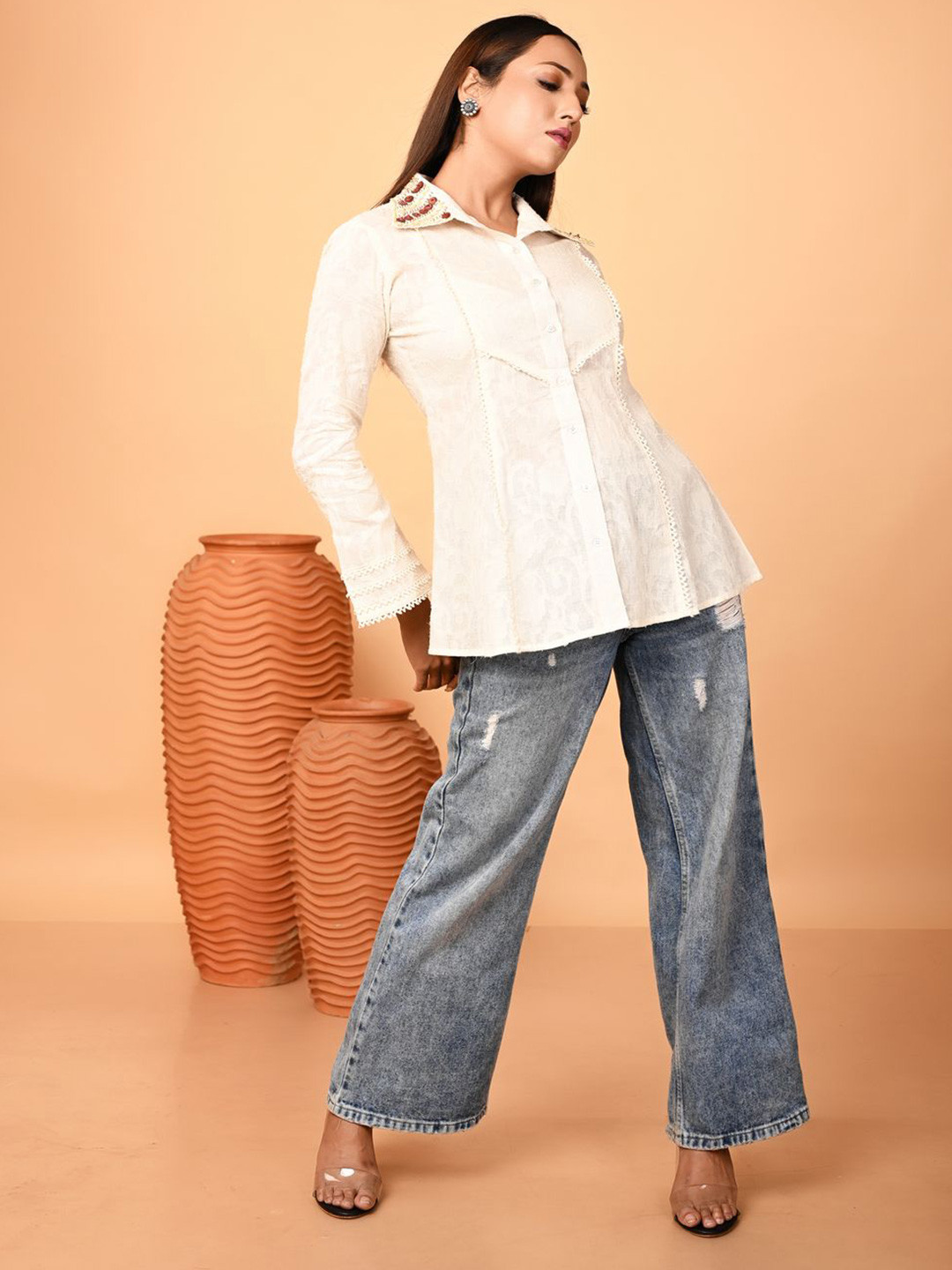 Oskos Embroidered Bell Sleeve Cotton Peplum Top