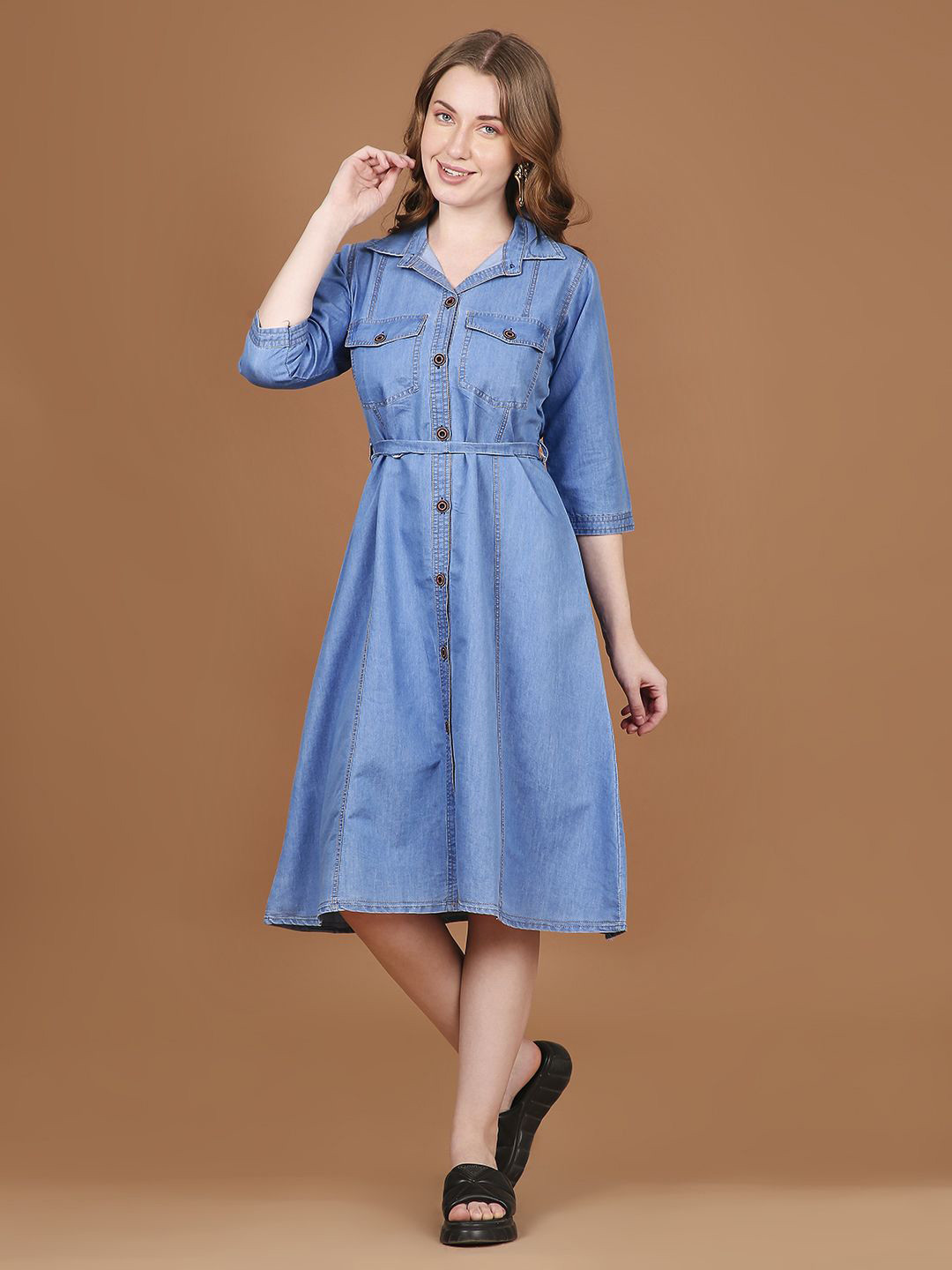 NIGHTSPREE Denim A-Line Midi Dress