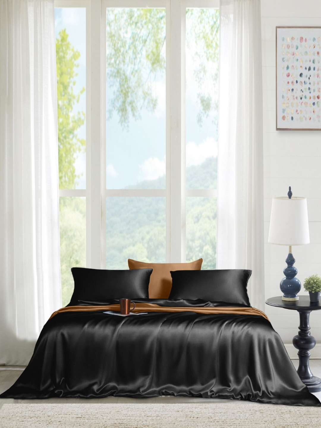 THE LINEN COMPANY Winter Collection Black Cotton 300 TC Double Fine Bedsheet with a Pillow Cover-60 x 90 inches