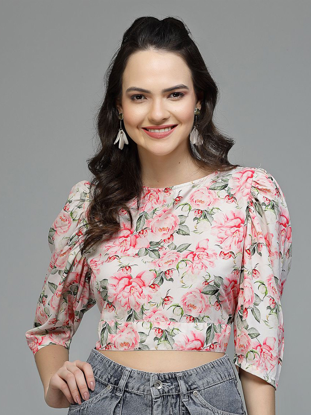 Fabway Clothing Floral Print Puff Sleeve Crepe Styled Back Crop Top