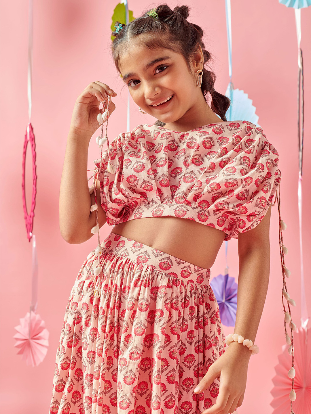 MASTARANG Girls Pink Tonal Print Lehenga With Extended Shoulder Choli