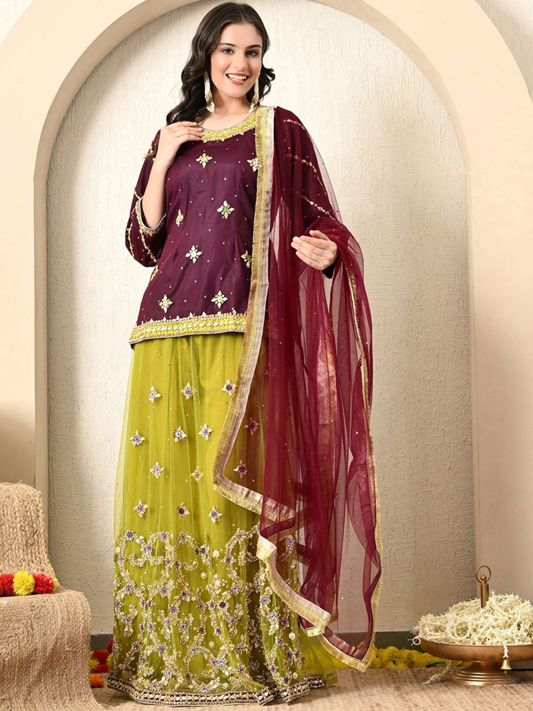 ZARIKALI Floral Embroidered Round Neck Sequinned Net Kurti & Skirt With Dupatta