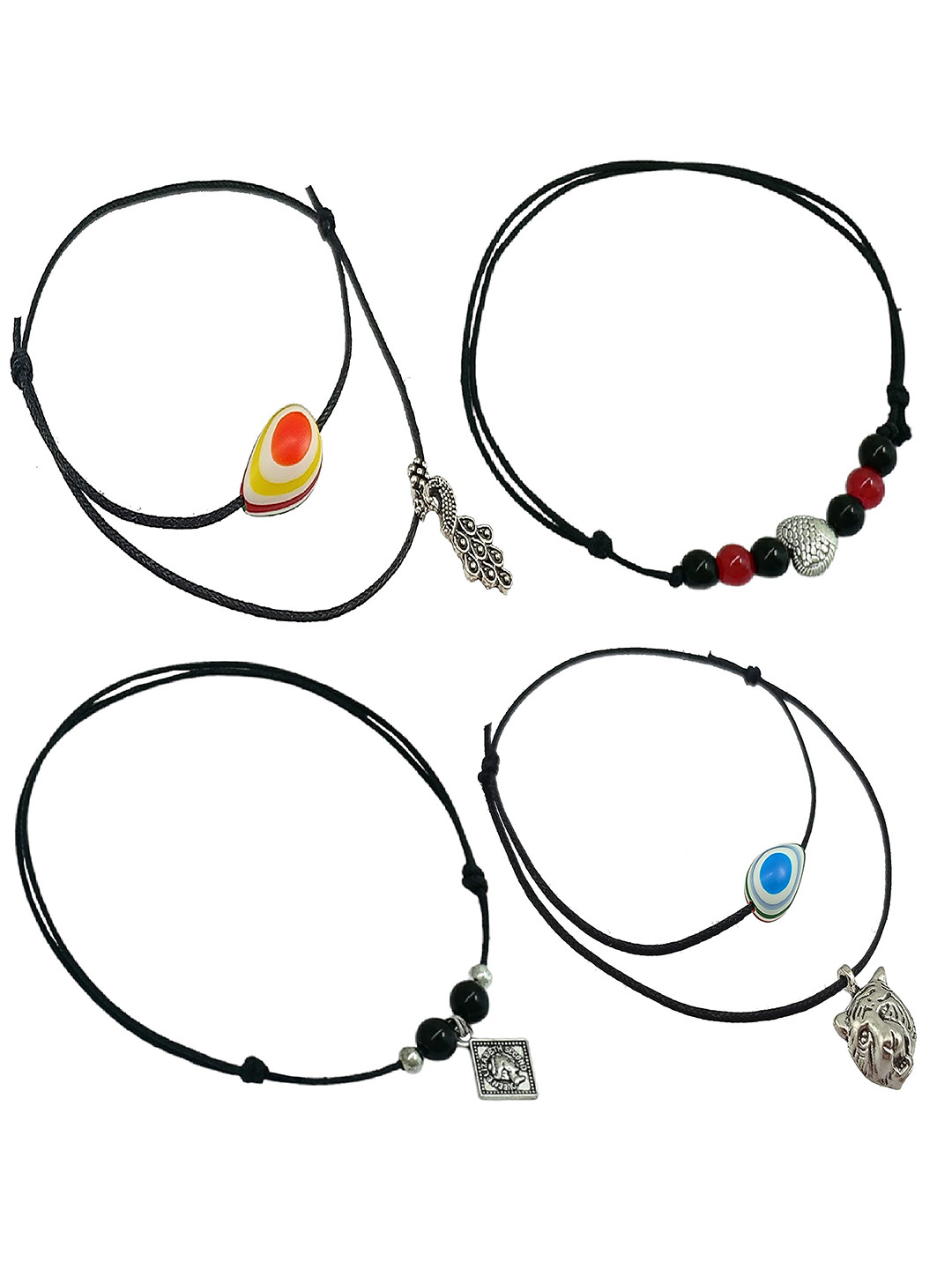 HIGH TRENDZ Women's 4 Pcs Thread Knot with Oxidised Single Charms Adjustable Anklets