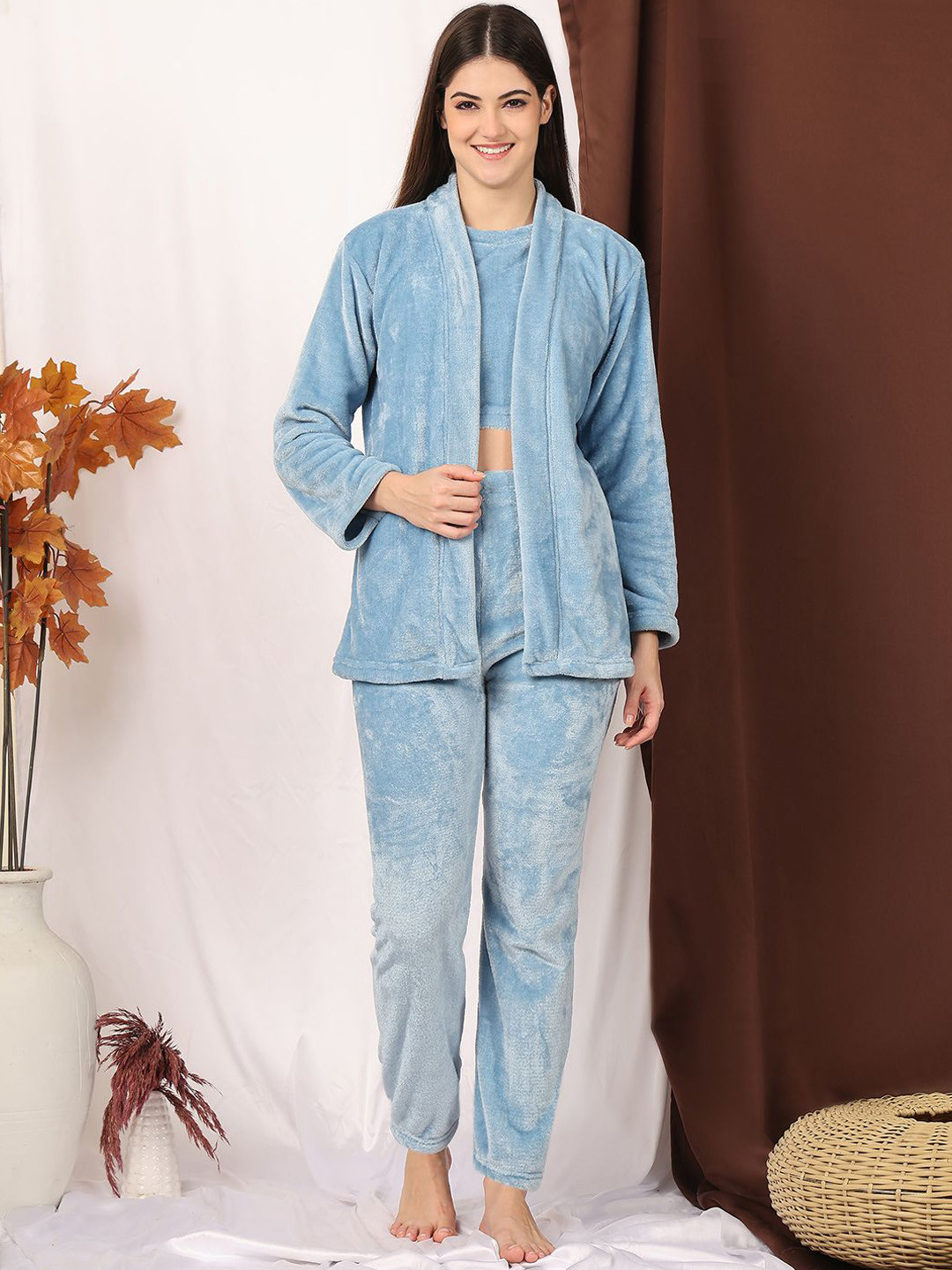NEUDIS Women Crop Top & Shrug With Pyjamas Woolen Fur 3 Piece Night suits