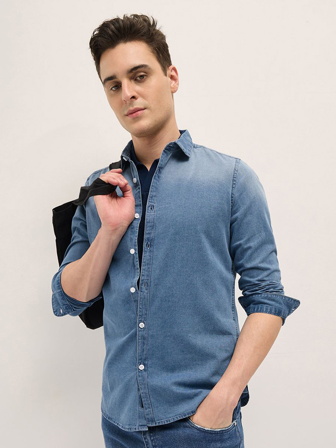 THE BEAR HOUSE Men Spread Collar Faded Cotton Slim Fit Casual Shirt