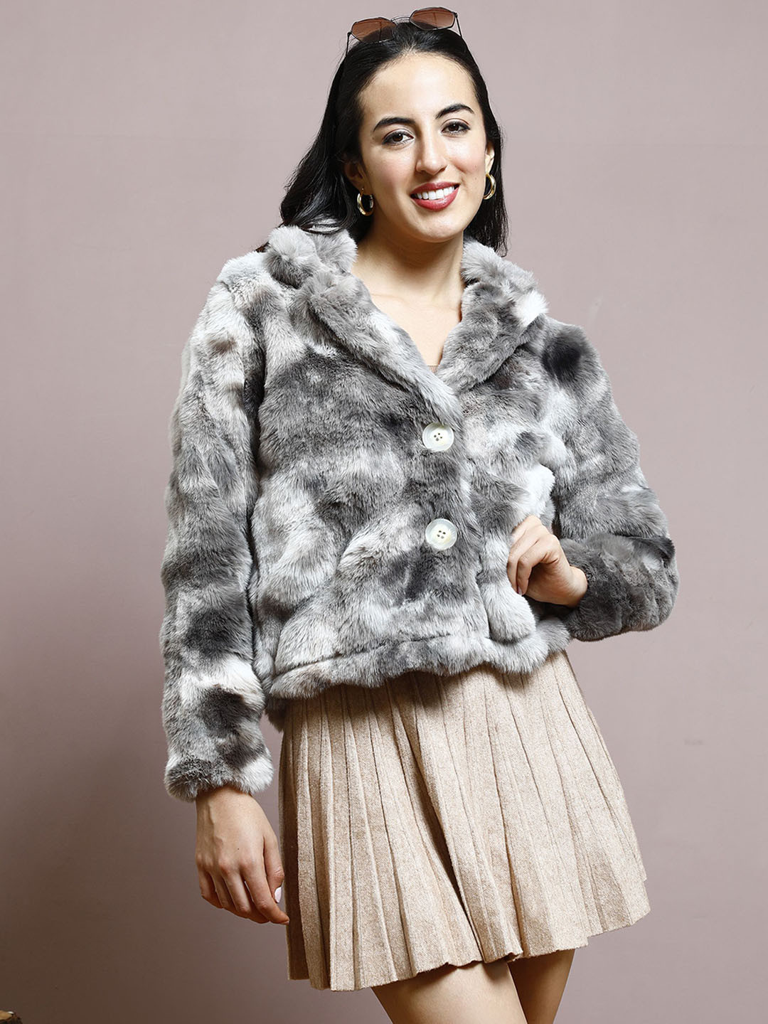 Athena Women Self Designed Notched Lapel Single-Breasted Fur Coat