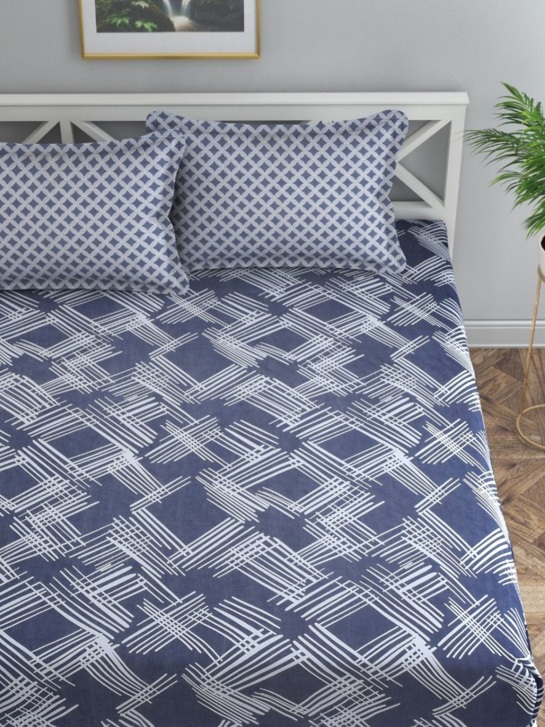 Florida Florida Flyn Grey Checked Cotton Breathable 200 TC Queen Fine Bedsheet with 2 Pillow Covers-90 x 96 inches